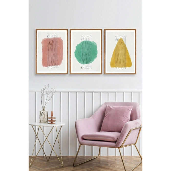 Şekiller Kare Üçgen Üçlü Ahşap Çerçeveli Tablo 30 x 42
