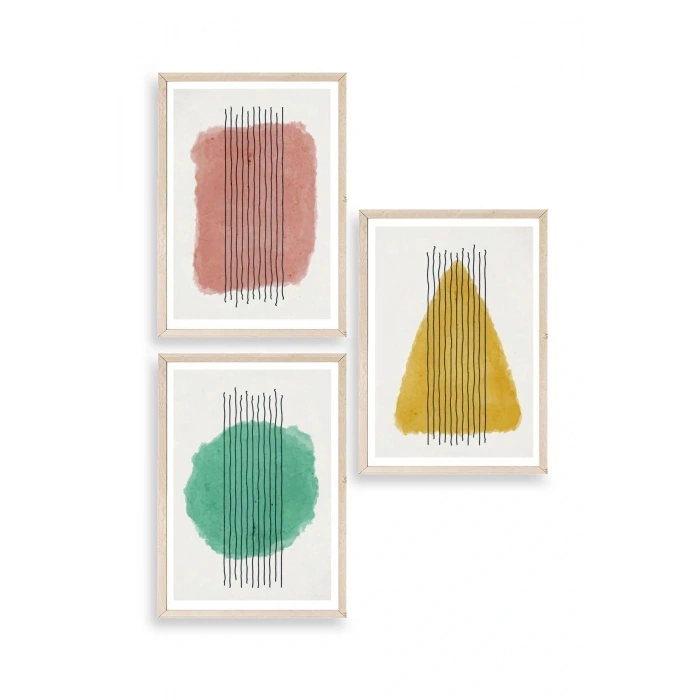 Şekiller Kare Üçgen Üçlü Ahşap Çerçeveli Tablo 50 x 70