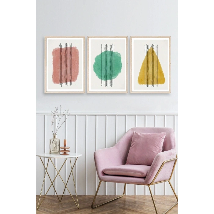Şekiller Kare Üçgen Üçlü Ahşap Çerçeveli Tablo 50 x 70
