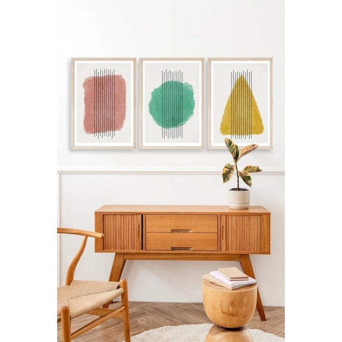 Şekiller Kare Üçgen Üçlü Ahşap Çerçeveli Tablo 50 x 70