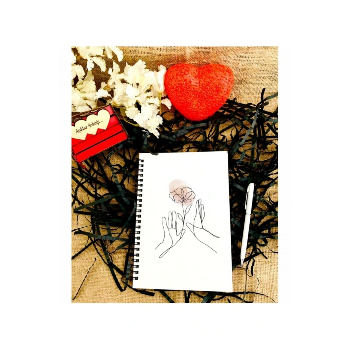 Sevgililer Günü Çiçekli El Desen Baskılı Ahşap Defter Kalem Seti - Beyaz