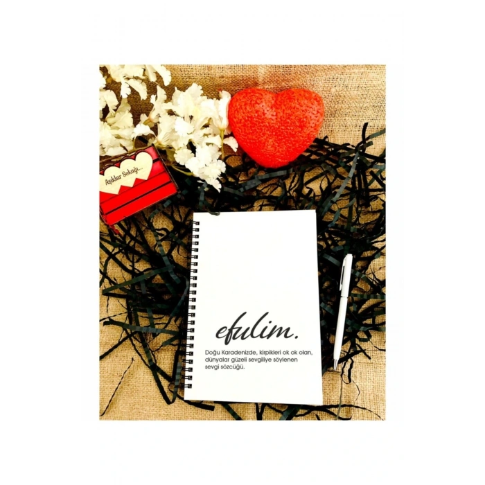 Sevgililer Günü Efulim Baskılı Ahşap Defter Kalem Seti - Beyaz