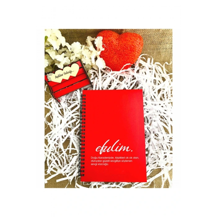 Sevgililer Günü Efulim Baskılı Ahşap Defter - Kırmızı