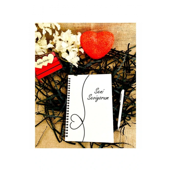 Sevgililer Günü Seni Seviyorum Yazılı Ahşap Defter Kalem Seti - Beyaz
