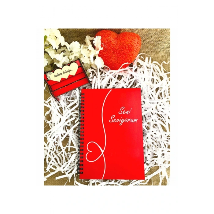 Sevgililer Günü Seni Seviyorum Yazılı Ahşap Defter Kalem Seti - Kırmızı