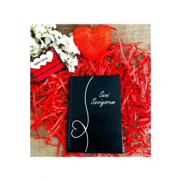 Sevgililer Günü Seni Seviyorum Yazılı Ahşap Defter -siyah