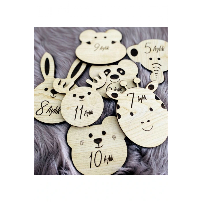 Sevimli Hayvanlar Ahşap Çift Taraflı Aylık Bebek Kartlar