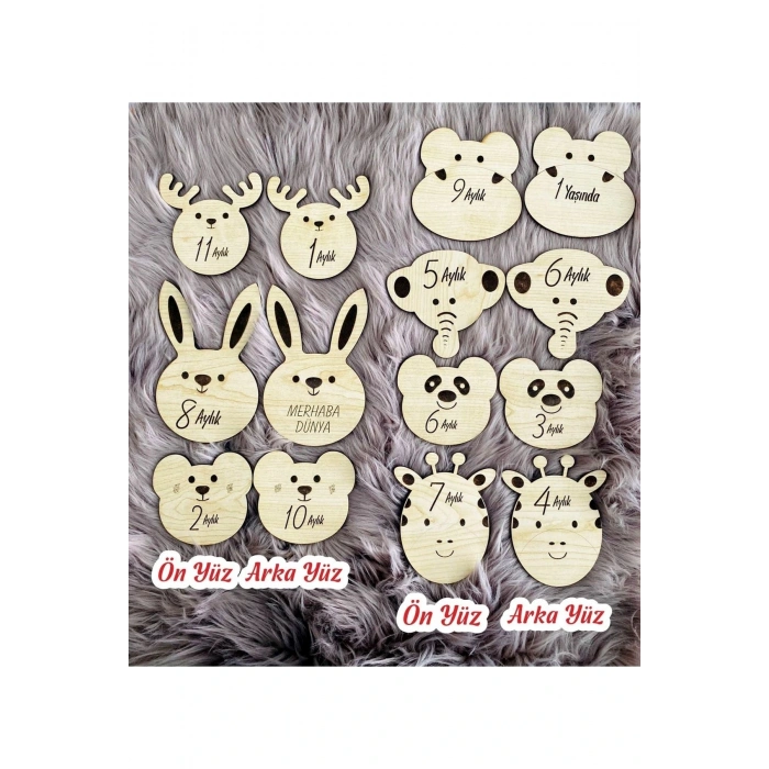 Sevimli Hayvanlar Ahşap Çift Taraflı Aylık Bebek Kartlar