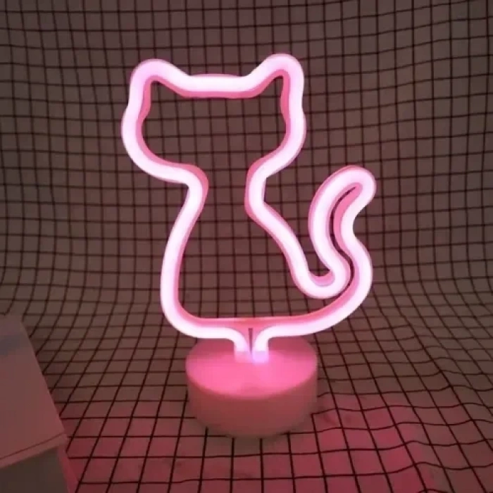 Sevimli Neon Kedi Masa Lambası Pembe Işık 1 Adet