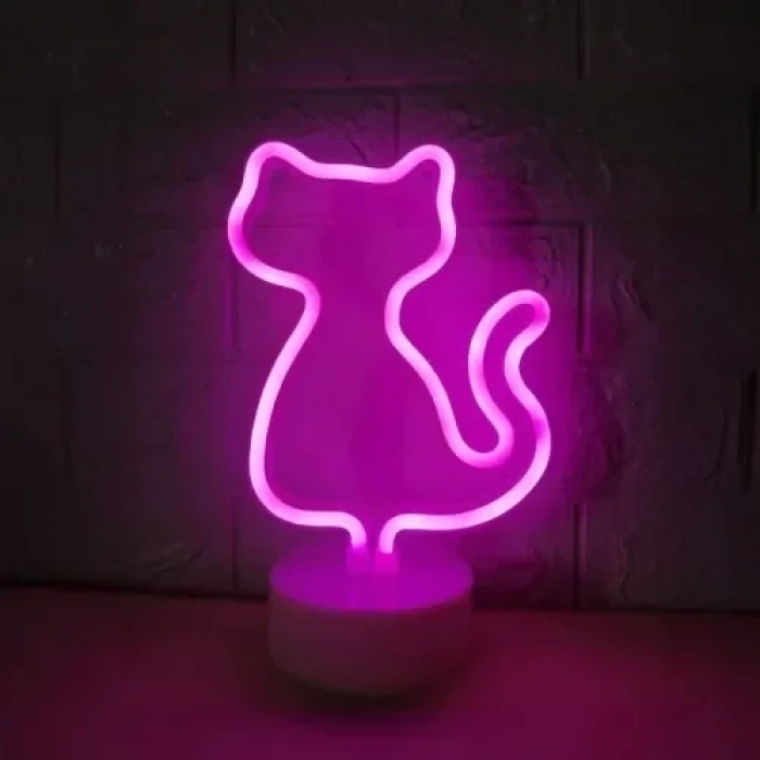 Sevimli Neon Kedi Masa Lambası Pembe Işık 1 Adet