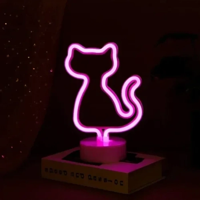 Sevimli Neon Kedi Masa Lambası Pembe Işık 1 Adet