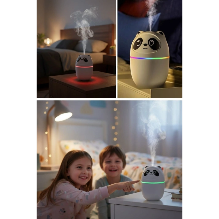Sevimli Panda Figürlü Hava Nemlendirici – Ultrasonik Soğuk Buhar Makinesi, LED Işıklı Masaüstü Oda Nemlendirici