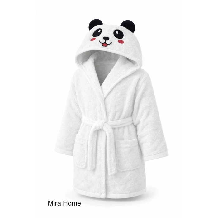 Sevimli Panda Nakışlı Beyaz Pamuklu Kapşonlu Çocuk Bornozu