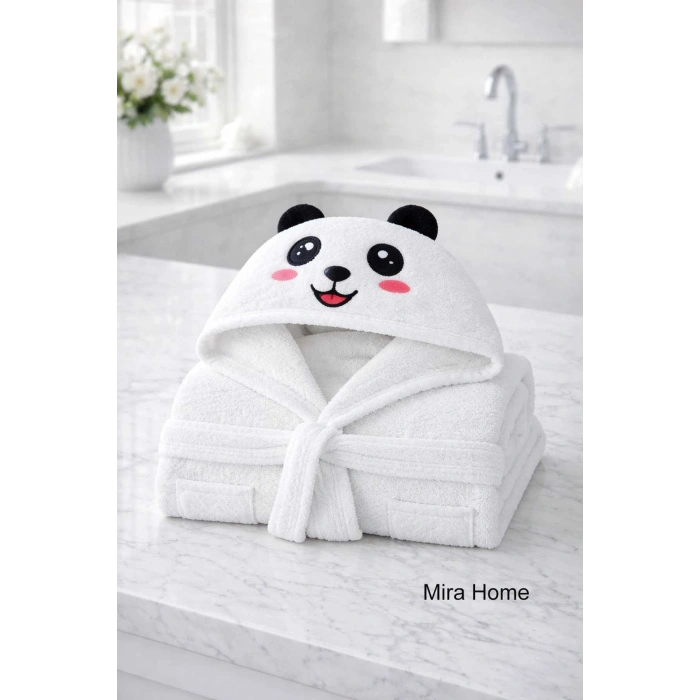 Sevimli Panda Nakışlı Beyaz Pamuklu Kapşonlu Çocuk Bornozu