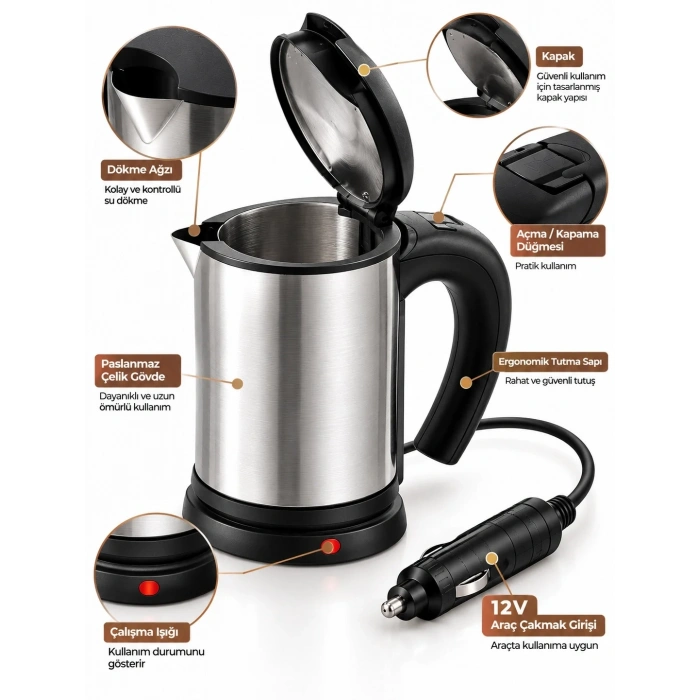 Seyahat Tipi Paslanmaz Çelik Araç İçi Kettle 12v