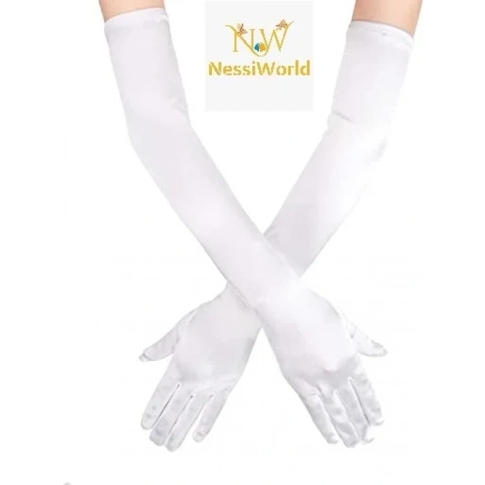 Şık Beyaz Kumaş Eldiven 40 Cm Dirseğe Kadar Uzun