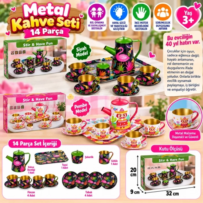 Şık Desenli Metal Çay Seti 14 Parça