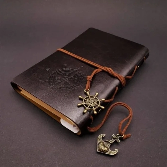 Şık Eskitme Deri Pusula Defter 75 Yaprak