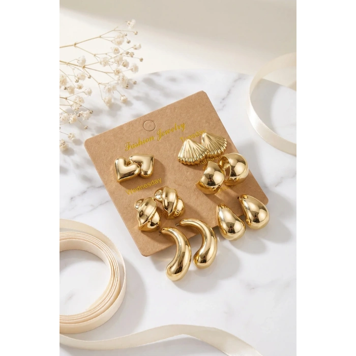 Şık Gold Renk Kadın Küpe Seti 6 Çift