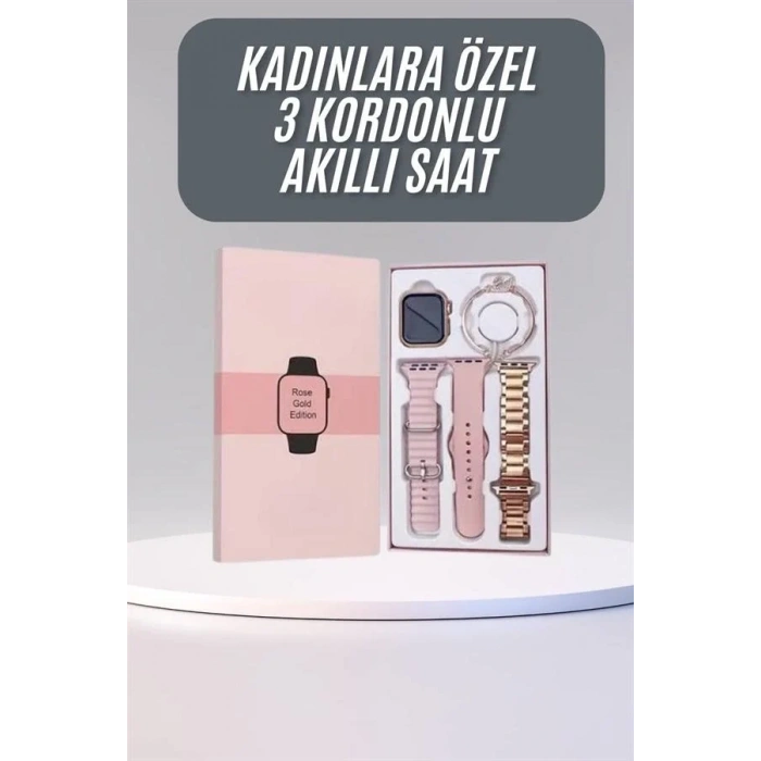 Şık Rose Renkli Akıllı Saat 3 Kordonlu Bayanlar İçin