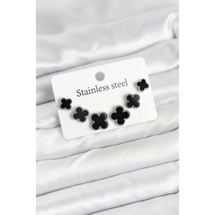 Şık Siyah Renk 3 Boy Yonca Küpe Seti