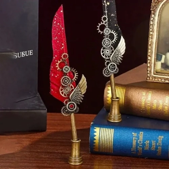 Şık Tüylü Mürekkepli Divit Kalem Seti 5li Hediye