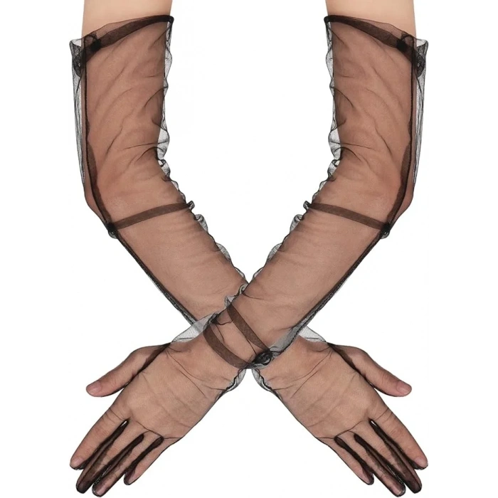 Şık Uzun Boy Siyah Mega Tül Eldiven 53 Cm Yetişkinler İçin