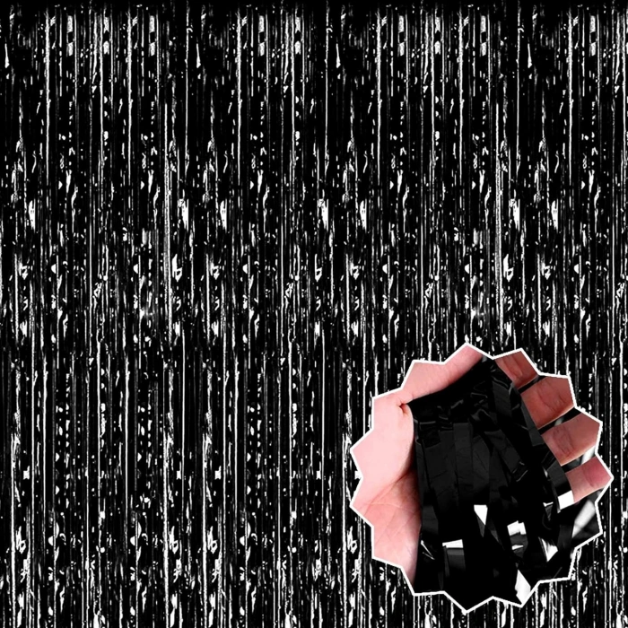 Black Extra Metalized Shiny Fringed Backdrop Curtain