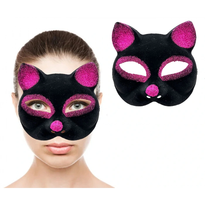 Black Fuchsia Glittery Suede Cat Mask