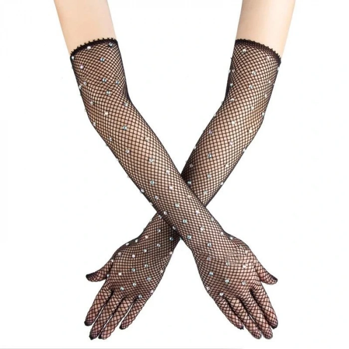 Black Pearl Diamond Fishnet Long Gloves