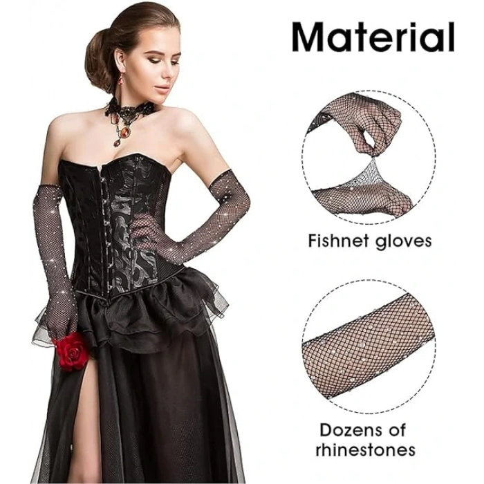 Black Pearl Diamond Fishnet Long Gloves