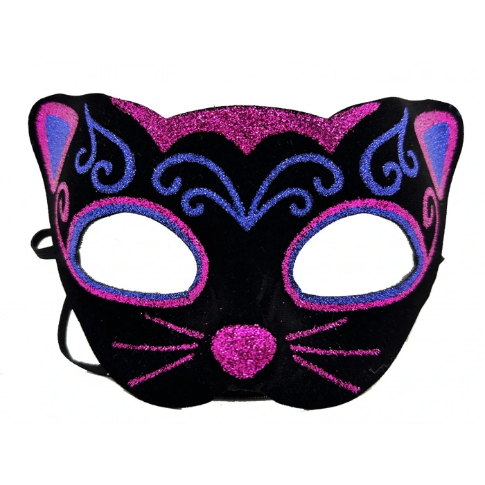 Black Velvet Coated Pink Blue Glitter Embroidered Cat Mask 20x13 cm (5365)