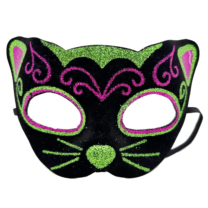 Black Velvet Coating with Pink Green Glitter Embroidered Cat Mask 20x13 cm (5365)