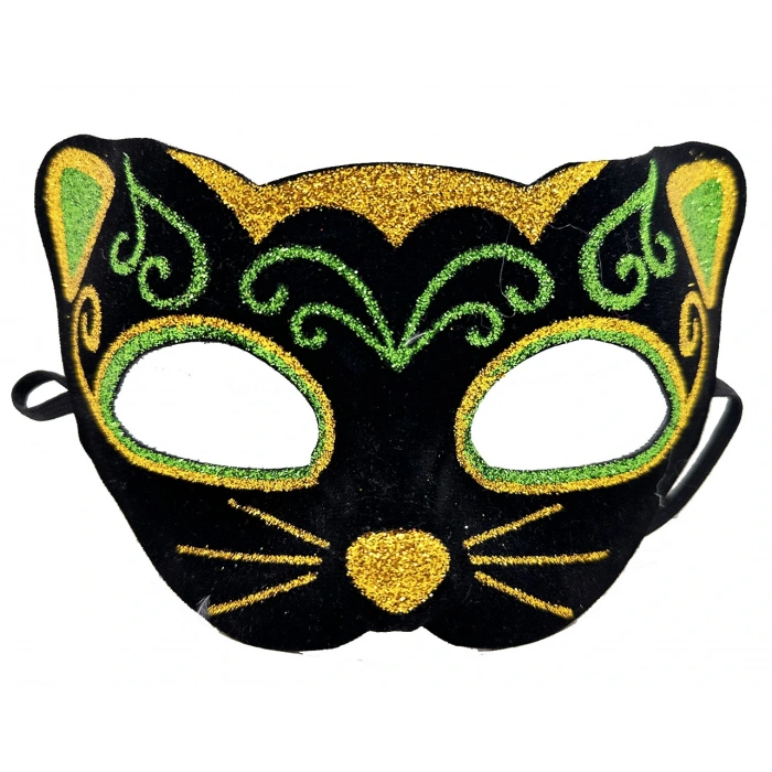Black Velvet Coating with Yellow Green Glitter Embroidered Cat Mask 20x13 cm (5365)