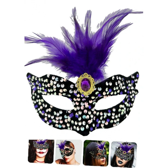 Black Velvet Sequined Purple Feather Party Mask