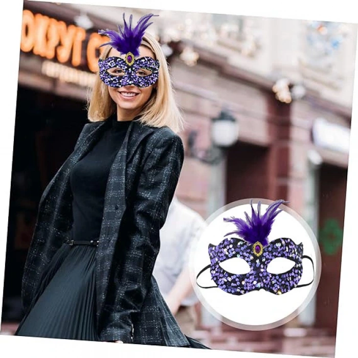 Black Velvet Sequined Purple Feather Party Mask