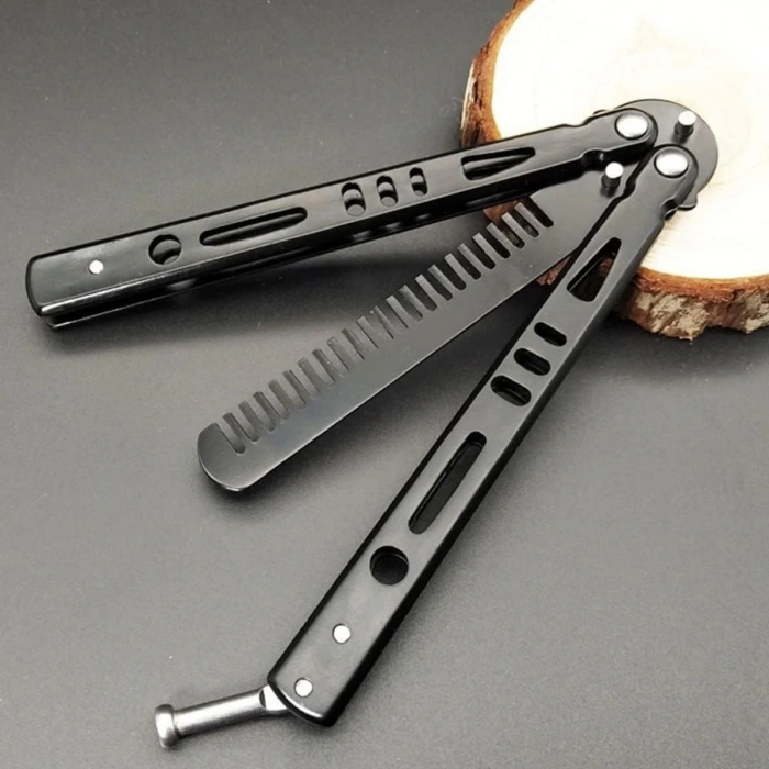 Black Foldable Stainless Steel Butterfly Knife Comb Beard Mustache Brush Comb for Professional Haircut (5365)