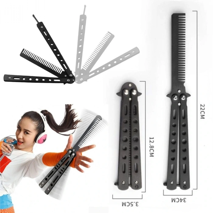 Black Foldable Stainless Steel Butterfly Knife Comb Beard Mustache Brush Comb for Professional Haircut (5365)