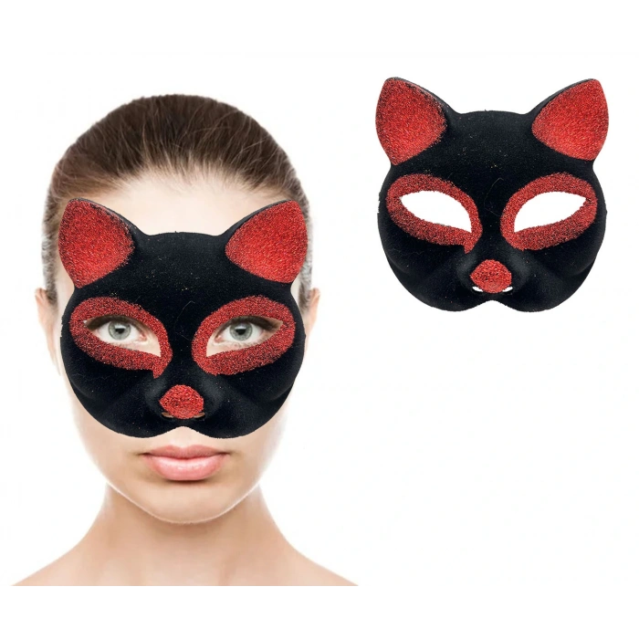 Black Red Glittery Suede Cat Mask
