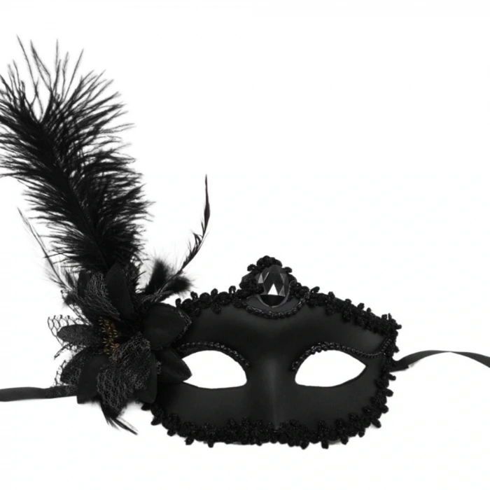 Black Matte Color Side Feathered Rose Venetian Party Ball Mask 16x22 (5365)