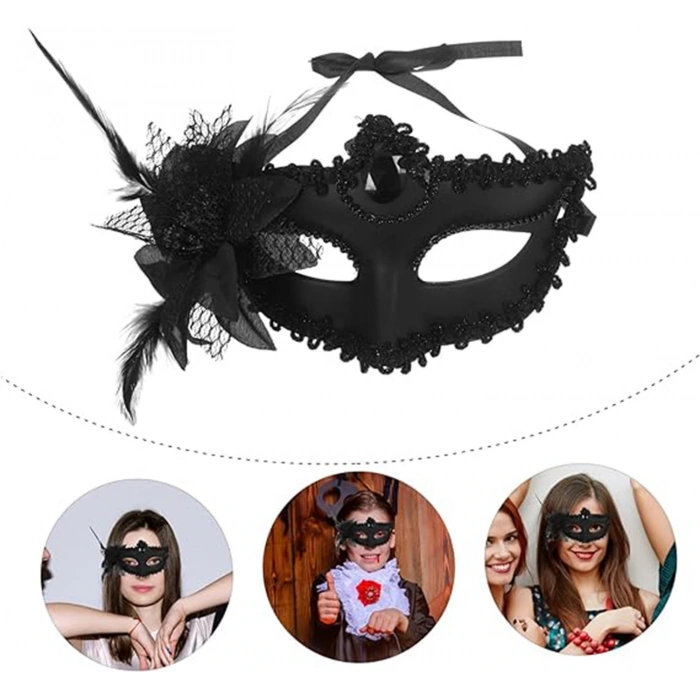 Black Matte Color Side Feathered Rose Venetian Party Ball Mask 16x22 (5365)