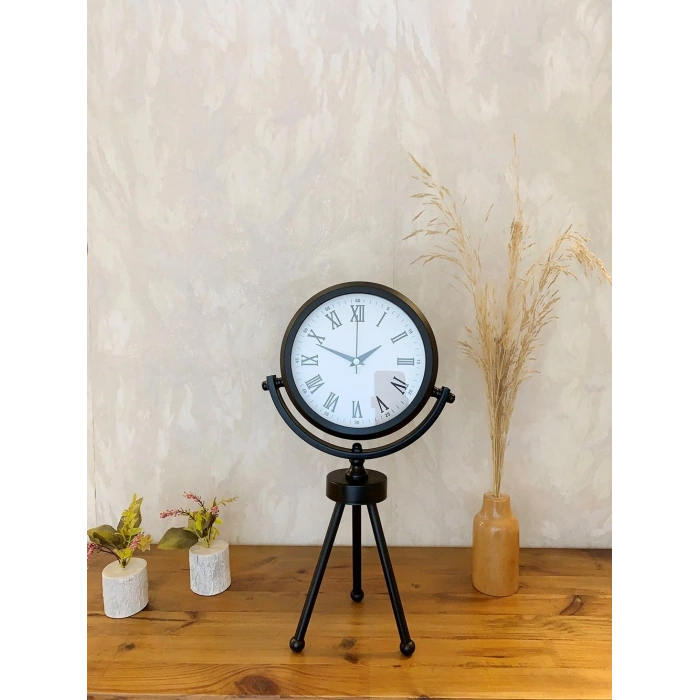 Siyah Metal Mini Tripod Roma Rakamlı Masa Saati 45×26 cm