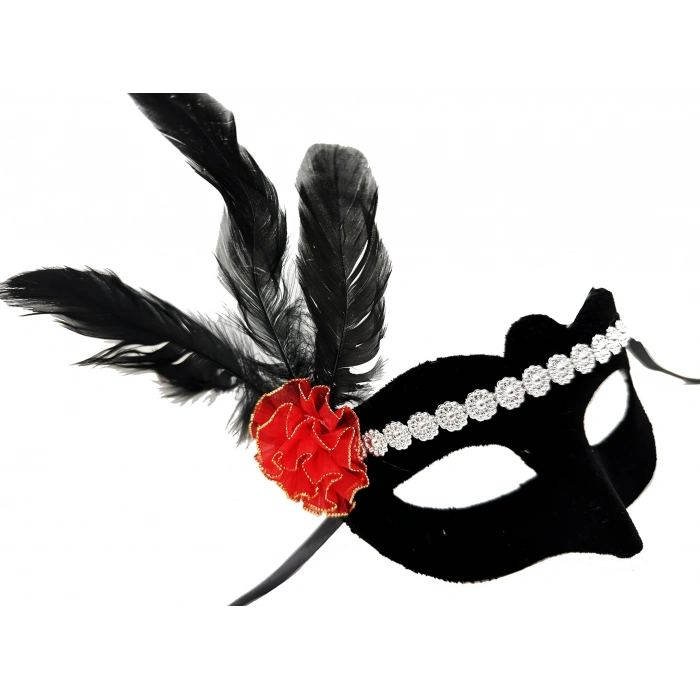 Black Color Suede Coated Silver Lace Red Rose Designed Party Mask 18x20 cm (5365)
