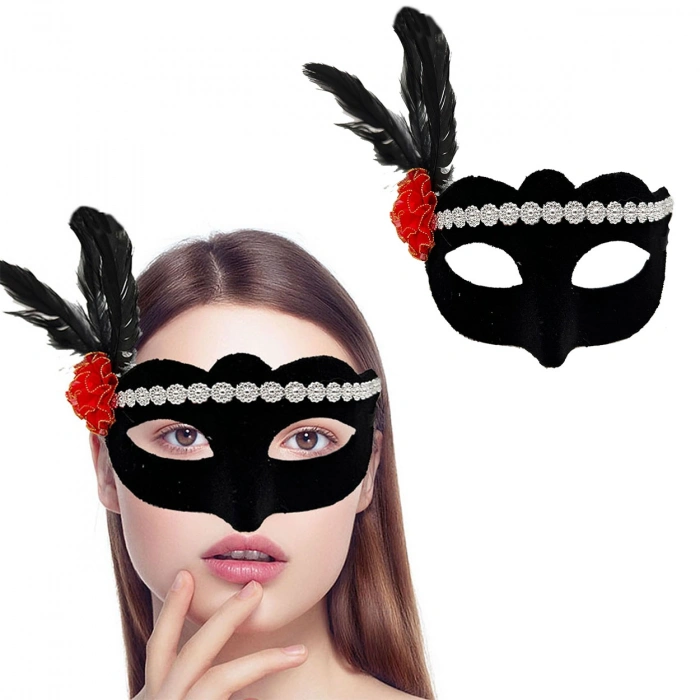 Black Color Suede Coated Silver Lace Red Rose Designed Party Mask 18x20 cm (5365)
