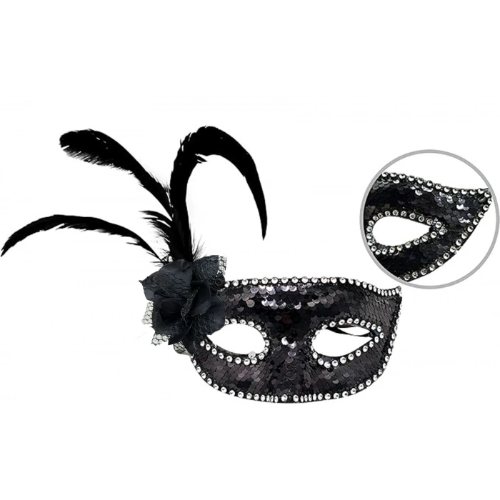 Siyah Renk Yandan Tüylü Güllü Gümüş Taşlı Pullu Maske 20x22 cm (5365)