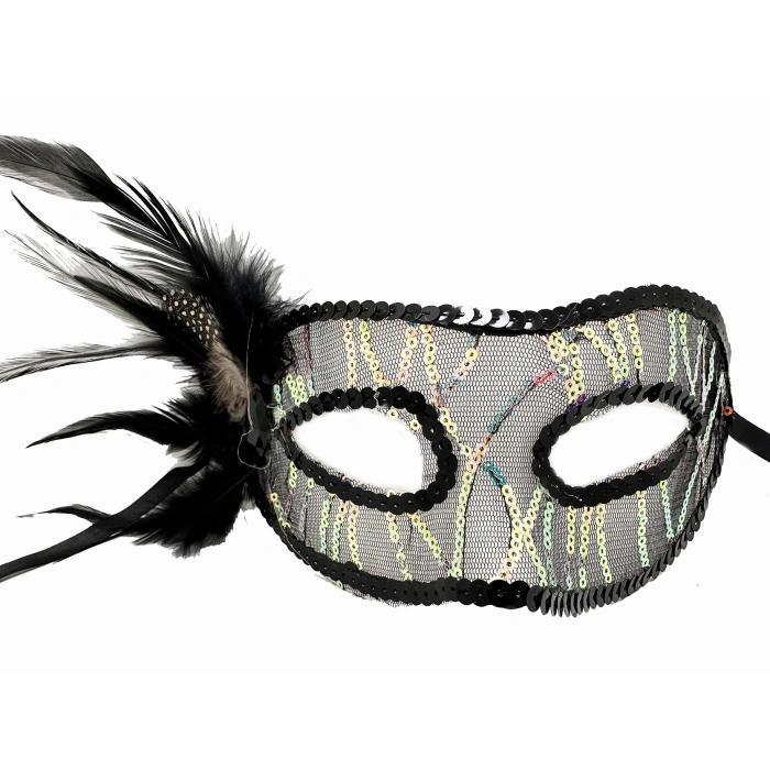 Black Color Side Feathered Sequin Embroidered Party Mask 23x12 cm (5365)