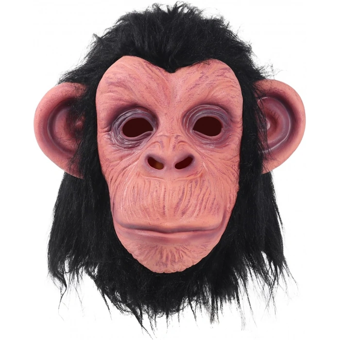 Siyah Saçlı Kafaya Tam Geçmeli Lateks Şempanze Maskesi - Lateks Maymun Orangutan Goril Maske Et Maske (5365)