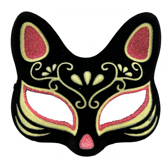 Black Suede Red Yellow Glitter Cat Mask