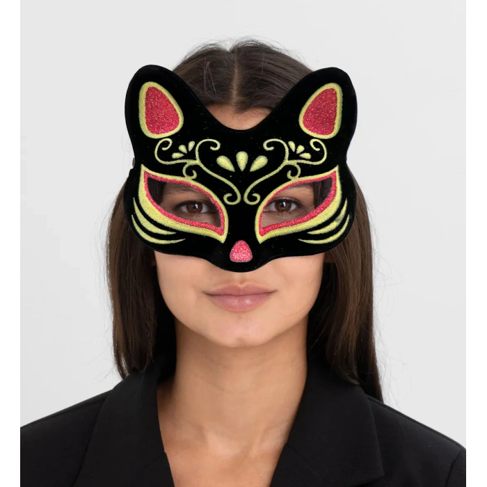 Black Suede Red Yellow Glitter Cat Mask