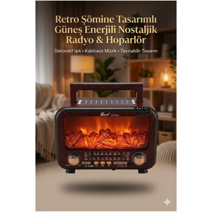 Şömine Alev Efektli  Bluetooth Hoparlör Radyo – Güneş Enerjili